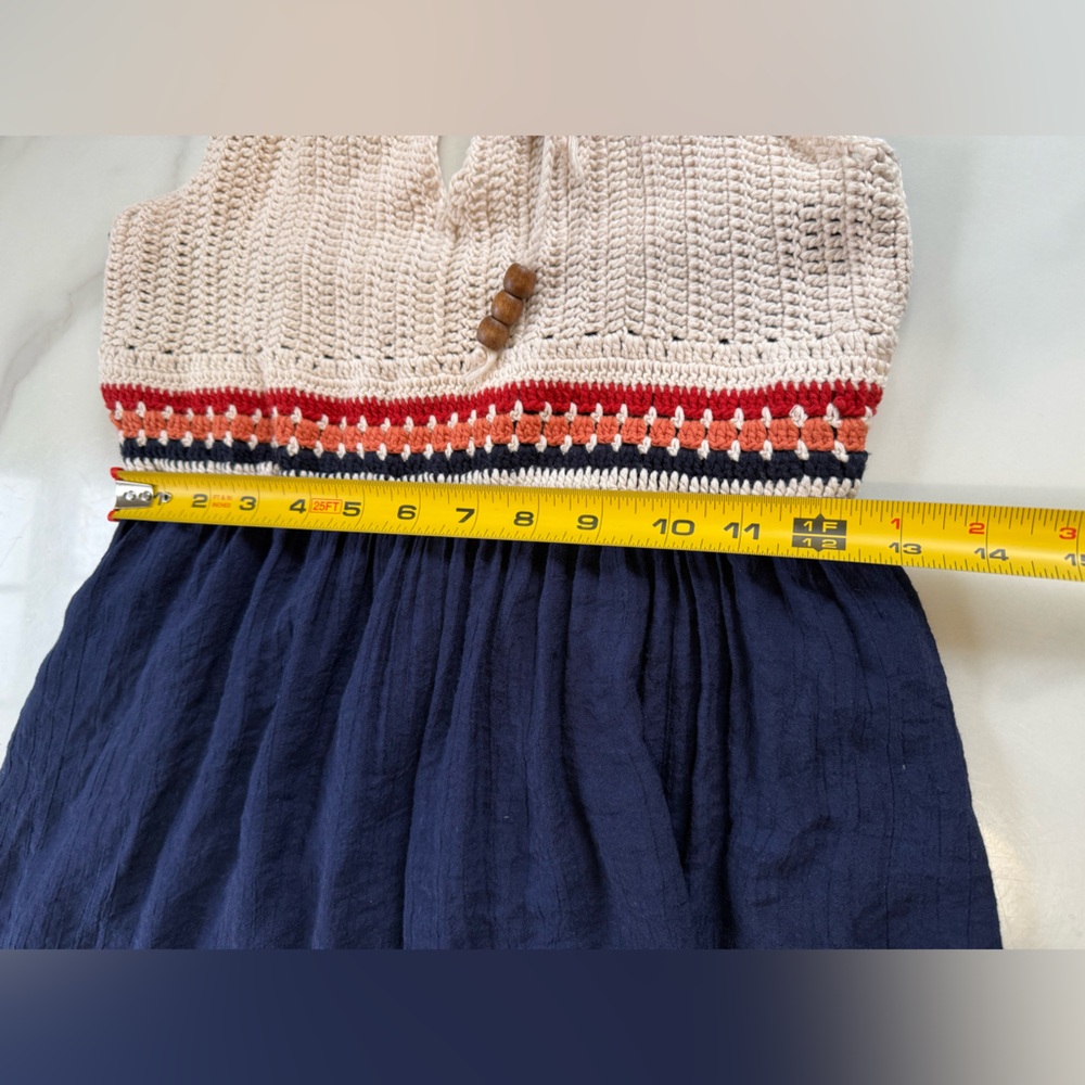 Speechless Navy Dress with Crochet Cream Bodice and Striped Waist - Picture 11 of 13